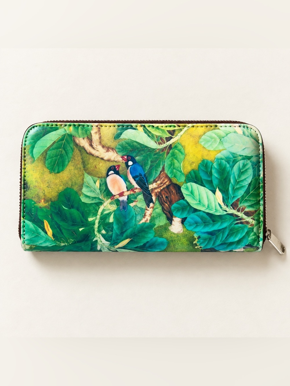 Tropical Bird Print Zip Around Wallet Green Leaf Toucan Card Organizer Clutch